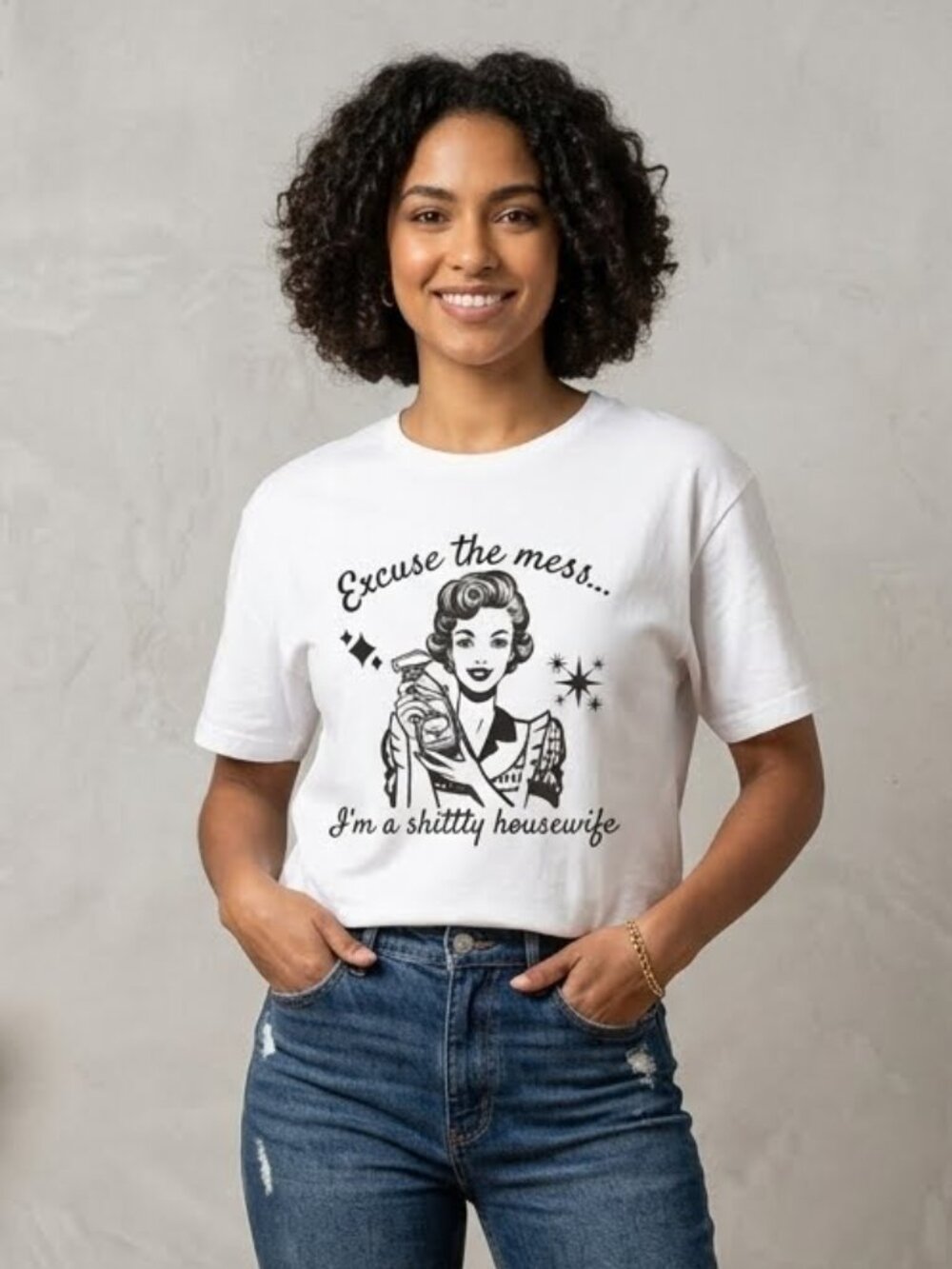 White Graphic Tee "Excuse the Mess" size small funny